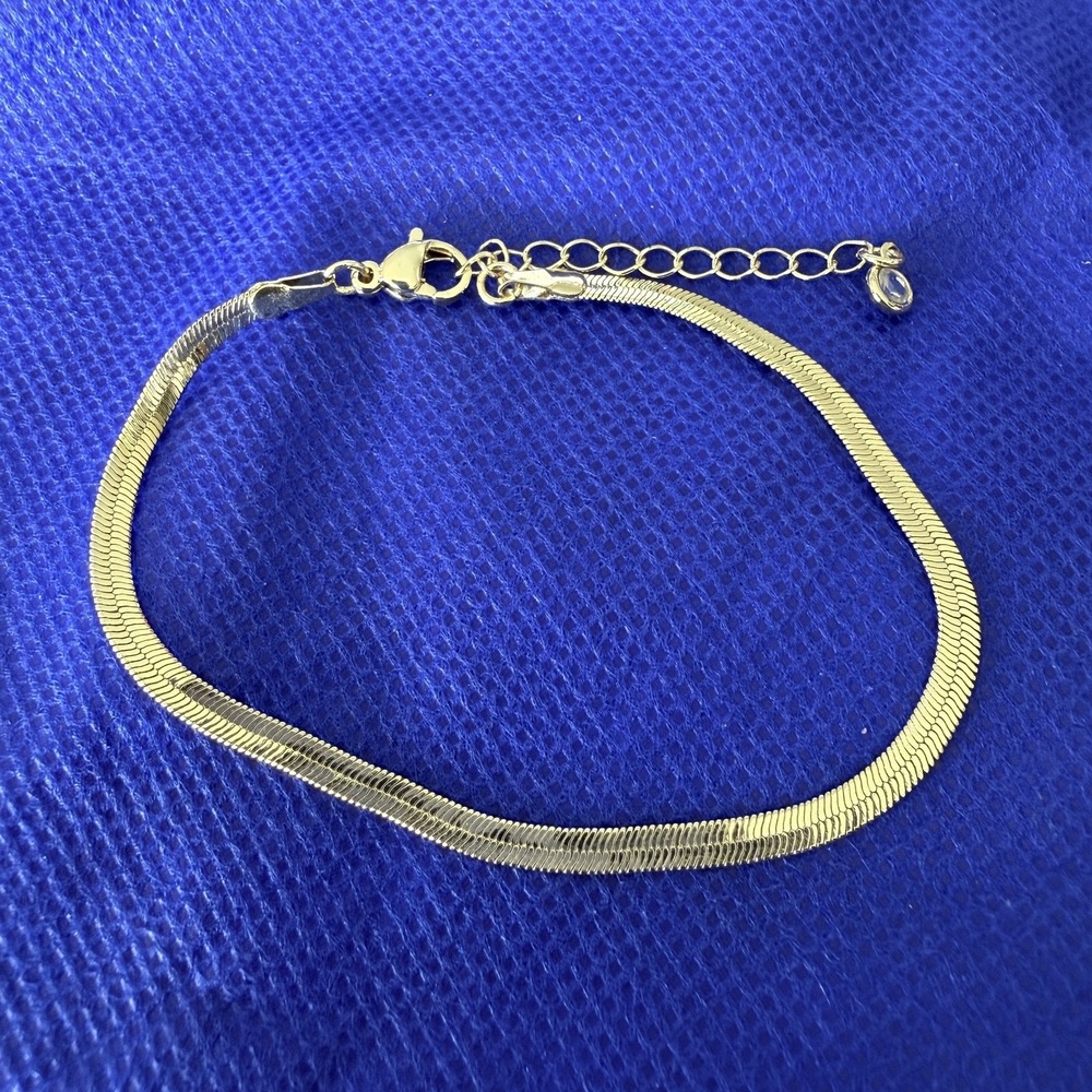 Gold Tone Herringbone Chain Bracelet Womens Adjustable Lobster Clasp Charm